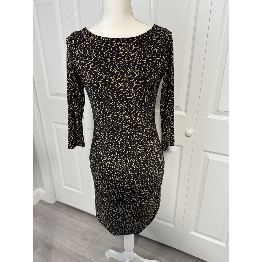 Lauren Ralph Lauren Tan Black Abstract Print Sheath Dress 3/4 Sleeve Size 0/2